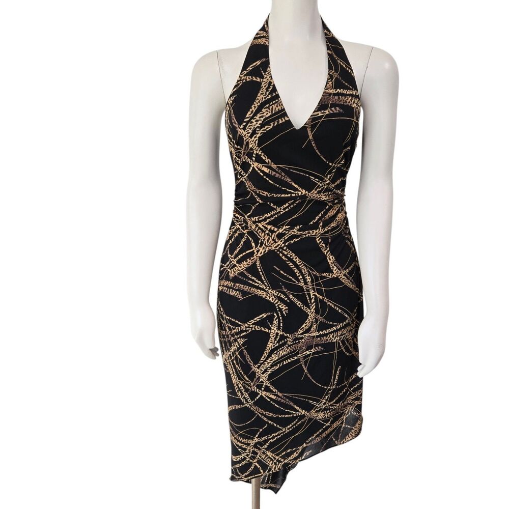 David Meister Womens Size 6 Cocktail Halter Dress Animal Print Asymmetric Skirt